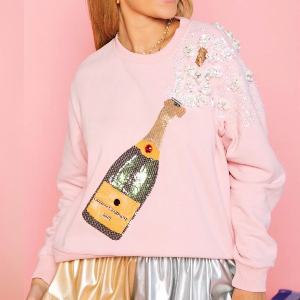 QUEEN OF SPARKLES Pink Popping Champagne Sweatshirt - XL